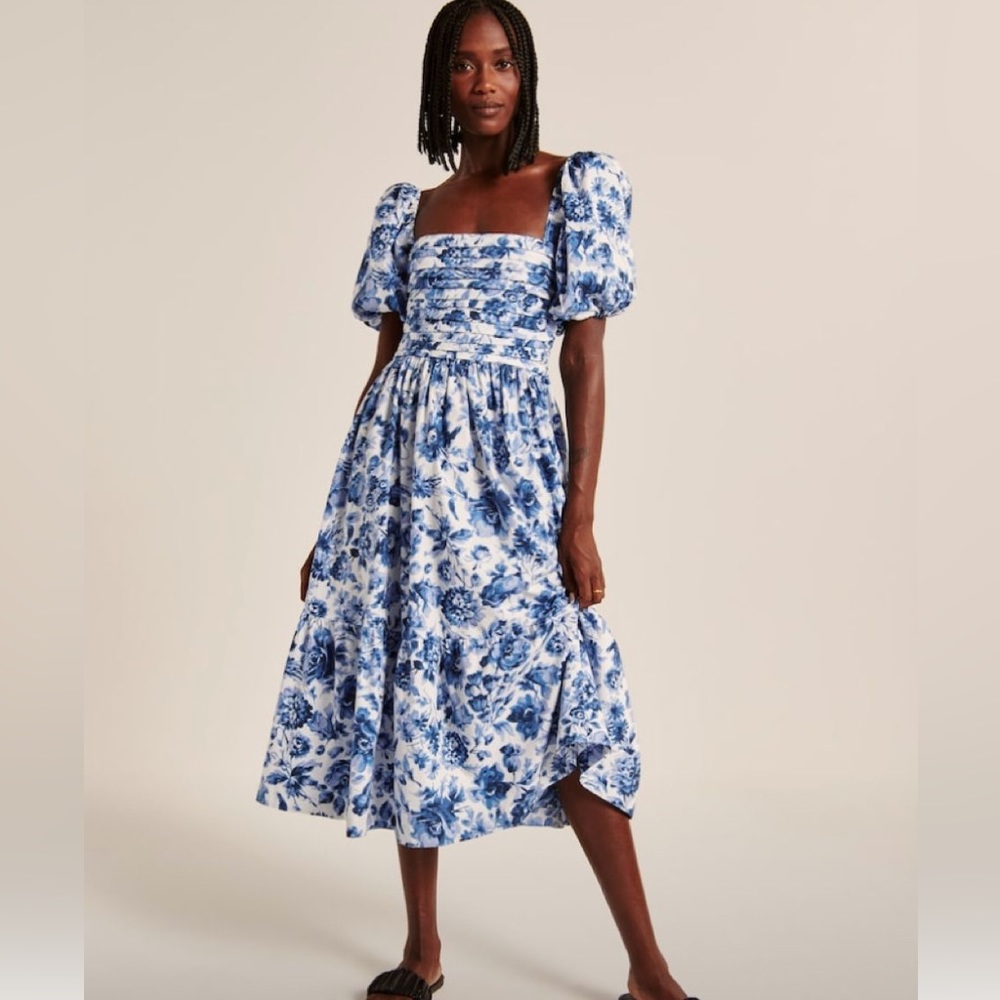 Abercrombie Ruched Puff Sleeve Poplin Midi Dress